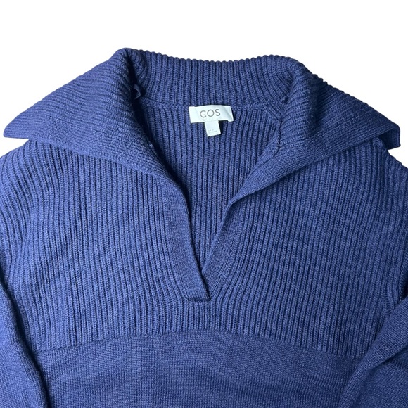 COS 100% Wool Ribbed Sailor Collar Knit Sweater Navy V Neck Women’s XS - Picture 4 of 10
